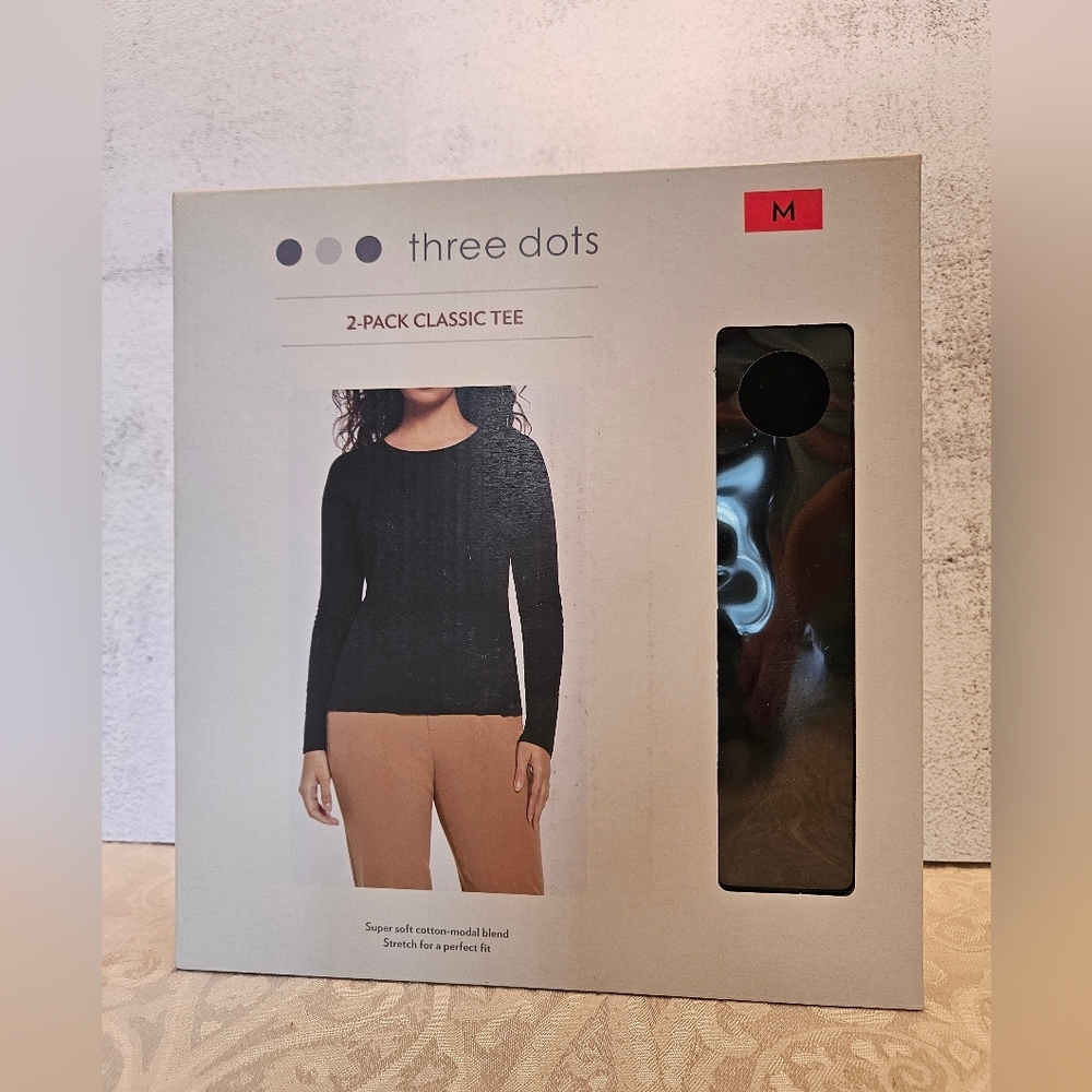 Three Dots 2-Pack Classic Tee, Long Sleeves, Black, Medium, NWT